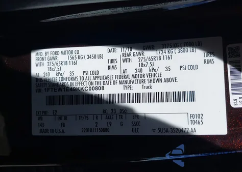 2019 Ford F-150 Xlt from USA, damaged, VIN 1FTEW1E49KKC00808